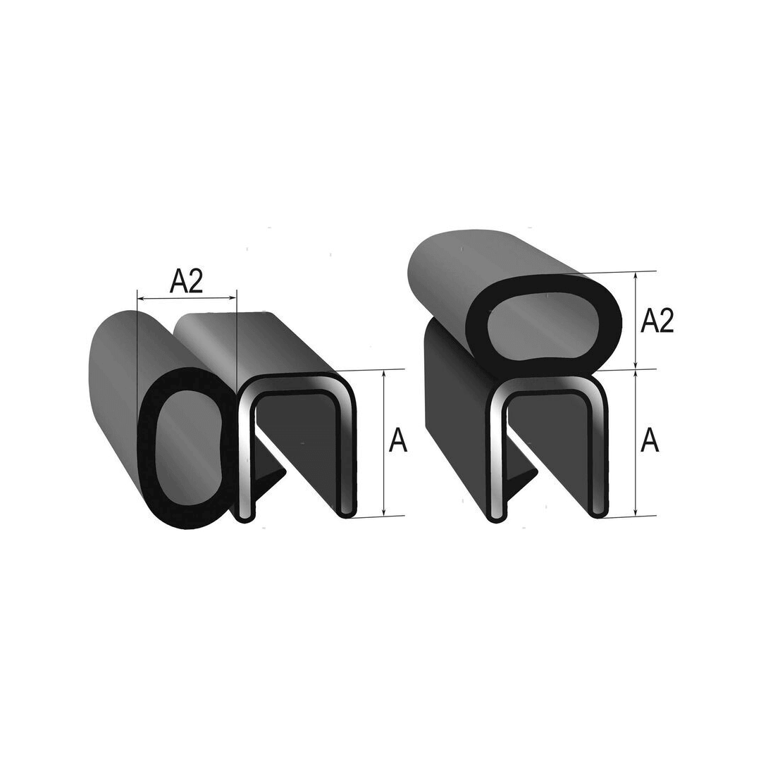 Scheda tecnica guarnizione parabordo Trim-Lok Hatch Seal laterale nera con profilo U e bolla ovale, dimensioni A e A2