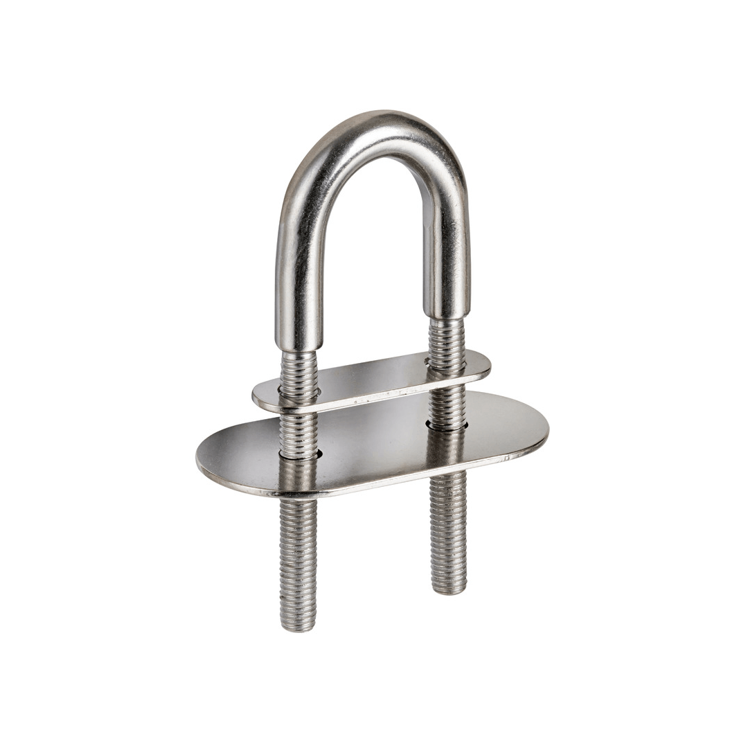 Cavallotto ad U in acciaio inox AISI 316 con doppia piastrina ovale e bulloni filettati, colore argento