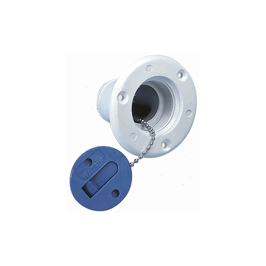 Tappo imbarco acqua in plastica bianca con cappuccio blu e catenella, flangia rotonda Ø 38mm