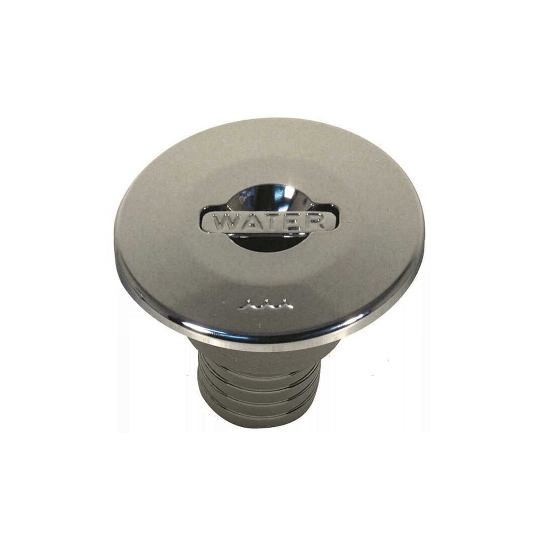 Tappo di imbarco acqua in acciaio inox lucido, forma rotonda con scritta WATER e collo zigrinato Ø 38 mm