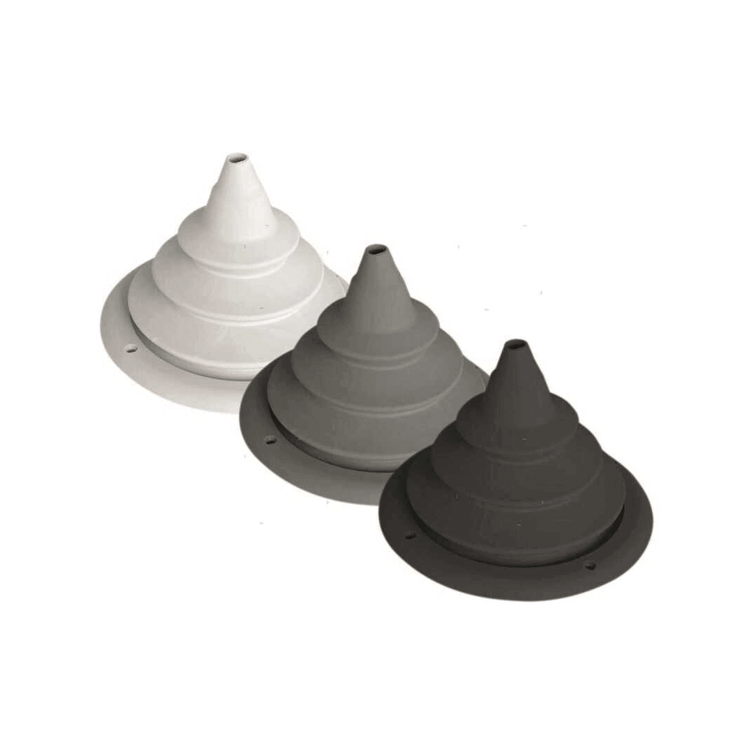Cuffia passa paratia in gomma con ghiera, tre varianti colore bianco grigio antracite, forma conica a gradini