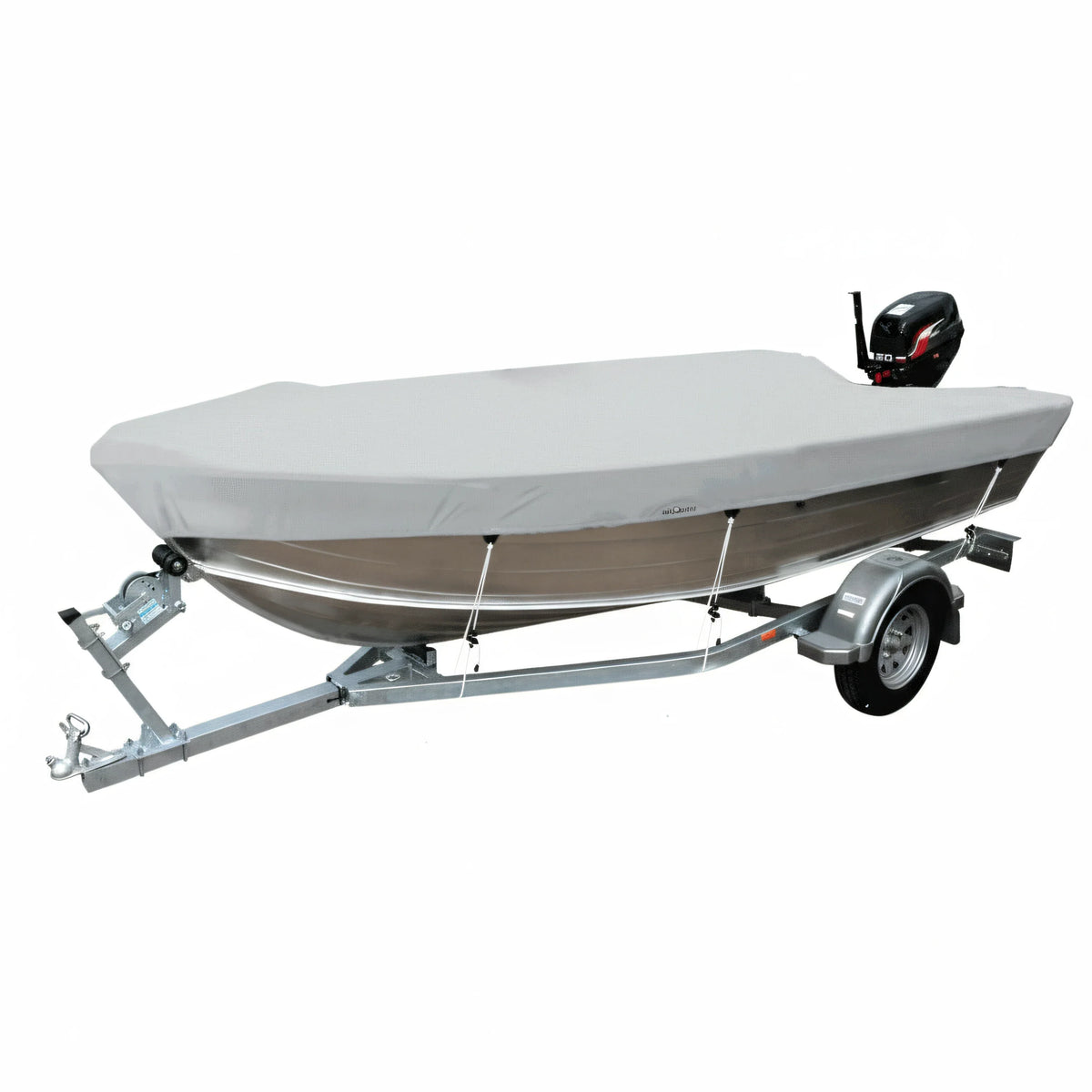 Telo copribarca Oceansouth grigio montato su lancia in alluminio con fuoribordo, ferma sul carrello