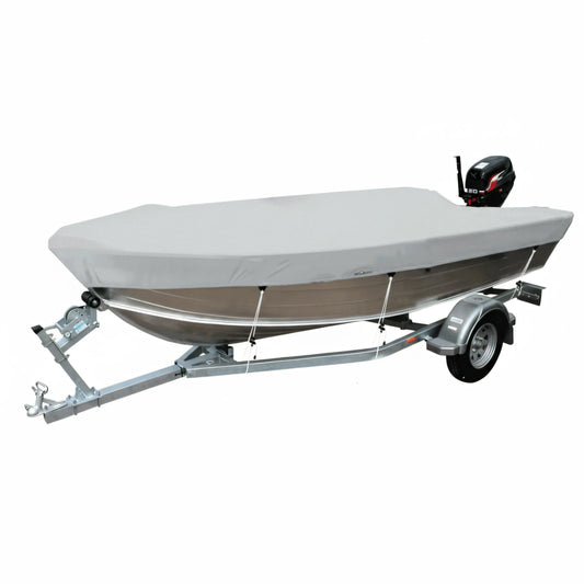 Telo copribarca Oceansouth grigio montato su lancia in alluminio con fuoribordo, ferma sul carrello