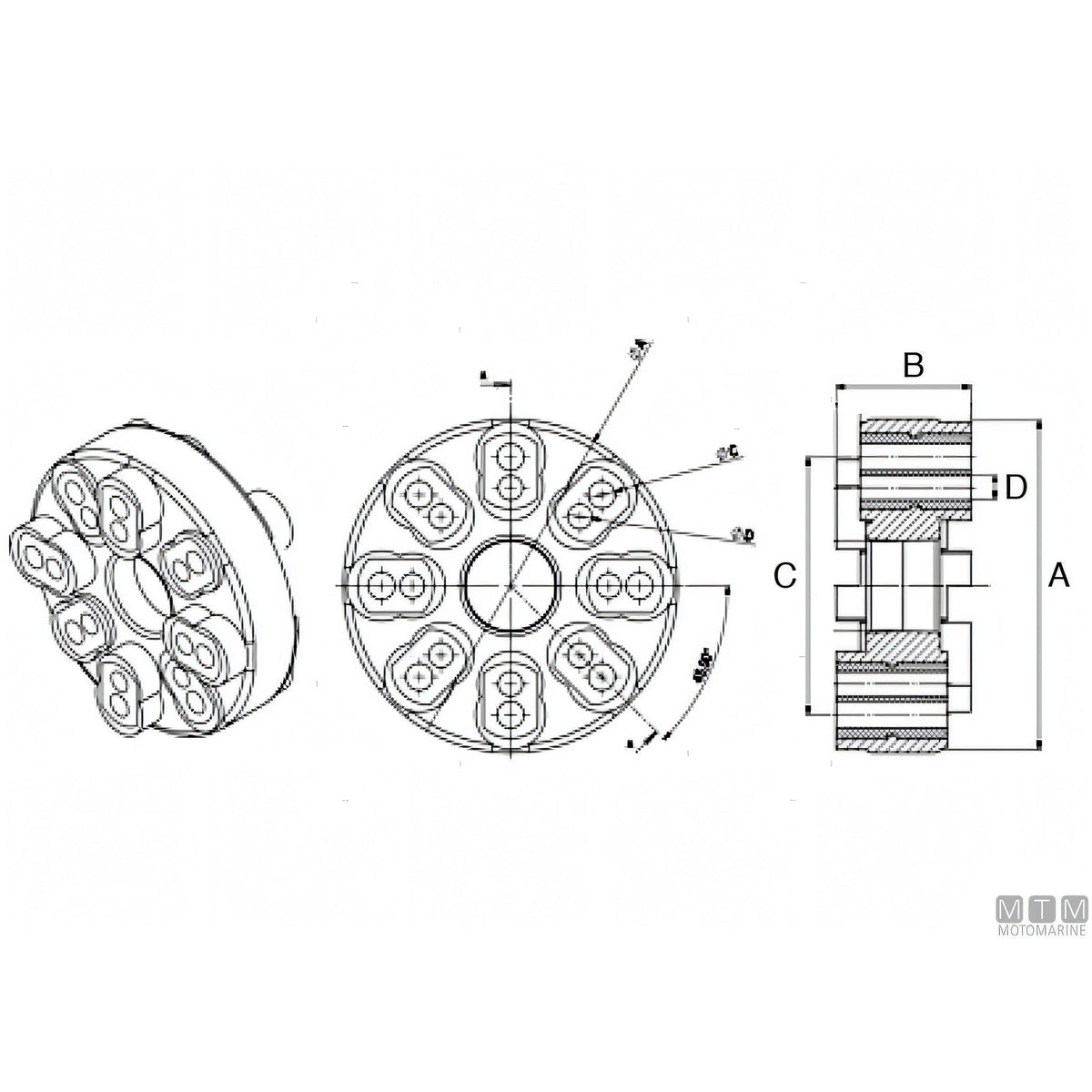 Giunto elastico Motomarine 16FBD — disegno quotato A, B, C, D