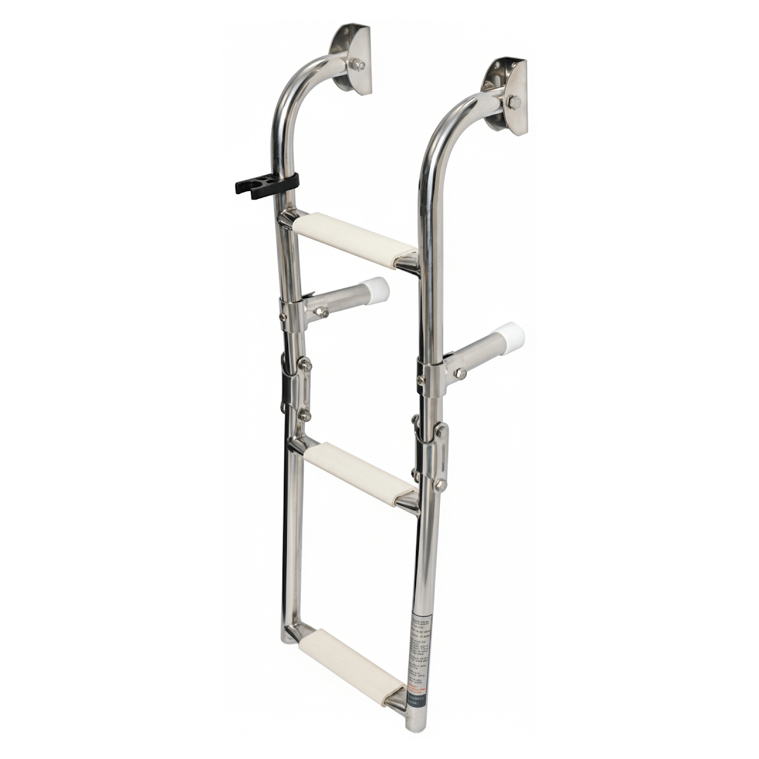 Scaletta pieghevole inox a 3 gradini bianchi antiscivolo, struttura cromata lucida con supporti a parete