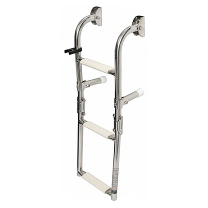 Scaletta pieghevole inox a 3 gradini bianchi antiscivolo, struttura cromata lucida con supporti a parete