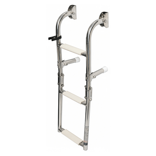 Scaletta pieghevole inox a 3 gradini bianchi antiscivolo, struttura cromata lucida con supporti a parete