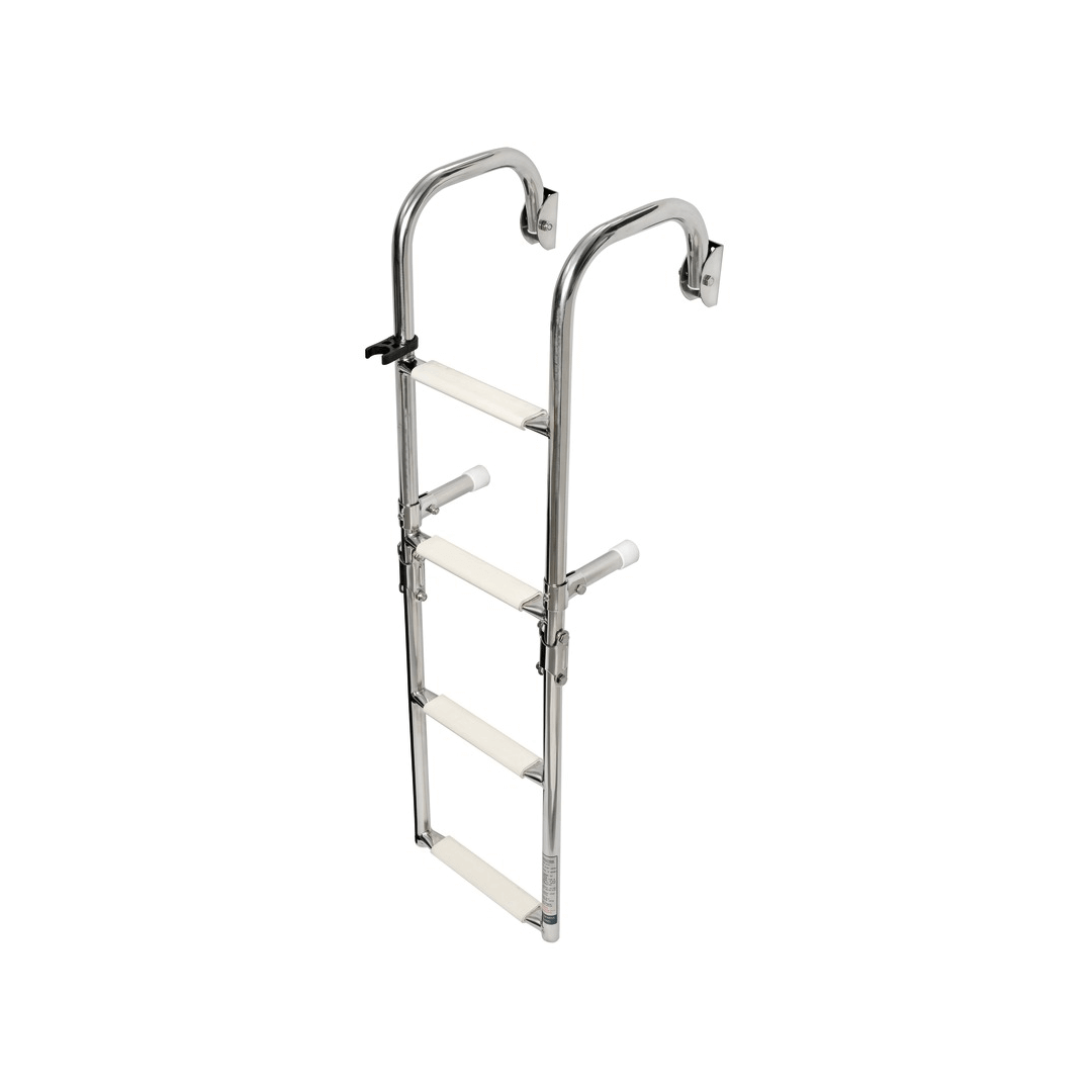 Scaletta nautica inox pieghevole 3 gradini bianchi con passamano curvo e ganci di fissaggio
