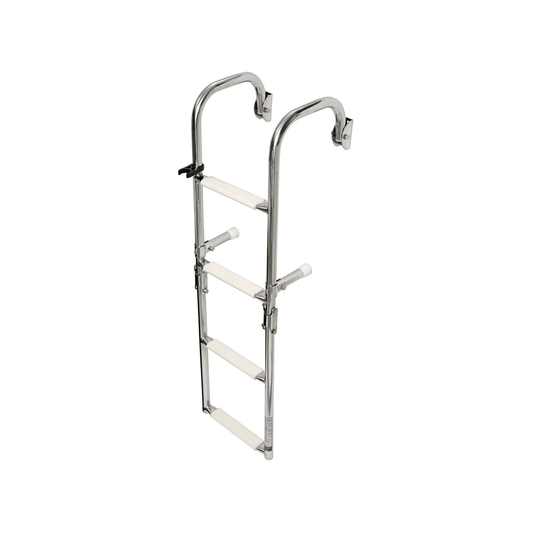 Scaletta nautica inox pieghevole 3 gradini bianchi con passamano curvo e ganci di fissaggio