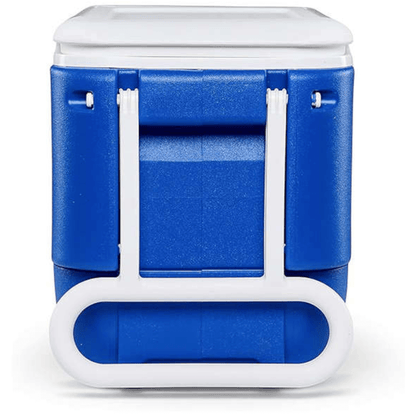 Ghiacciaia Igloo Wheelie 38 blu con ruote bianche integrate e maniglia, vista frontale