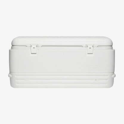 Ghiacciaia Igloo Polar 120 QT bianca 114L in plastica rigida con chiusure metalliche vista frontale