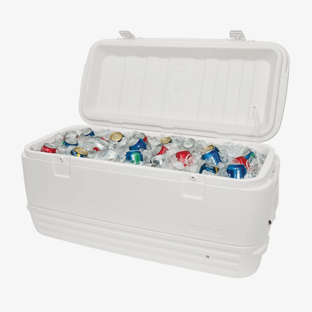 Ghiacciaia Igloo Polar 120 QT bianca aperta con bevande in lattina e ghiaccio tritato