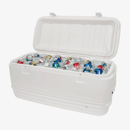 Ghiacciaia Igloo Polar 120 QT bianca aperta con bevande in lattina e ghiaccio tritato