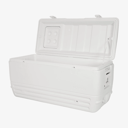 Ghiacciaia Igloo Quick and Cool 150 QT bianca aperta, grande capacità, con coperchio sollevato e chiusure