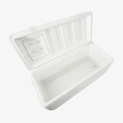 Ghiacciaia Igloo Quick and Cool 150 QT bianca aperta, interno vuoto con portabevande sul coperchio