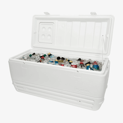 Ghiacciaia Igloo Quick and Cool 150 QT bianca aperta con bevande e ghiaccio, 142 lt, in plastica rigida