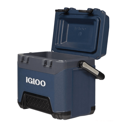 Ghiacciaia Igloo BMX 25 blu navy con ruote aperta, coperchio sollevato, maniglia laterale, 23 lt