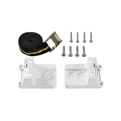 Kit fissaggio serbatoio: 2 staffe bianche, cinghia nera con fibbia, 8 viti in acciaio inox