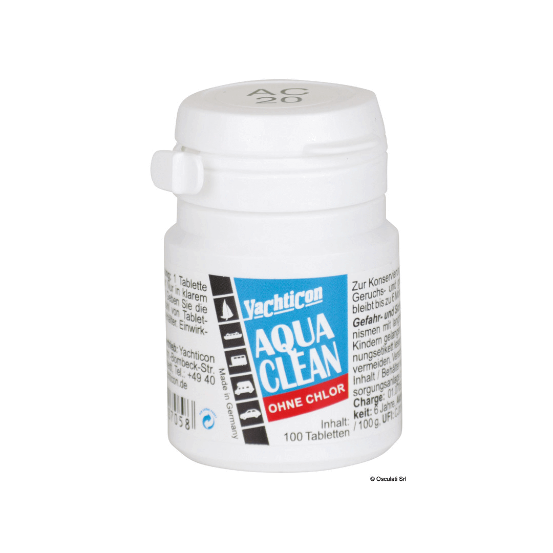 Flacone bianco Yachticon Aqua Clean senza cloro, 100 pastiglie per potabilizzazione acqua