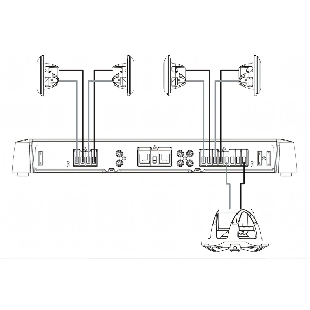 Schema di collegamento dell'amplificatore Fusion Signature SG-DA51600 a diffusori e subwoofer