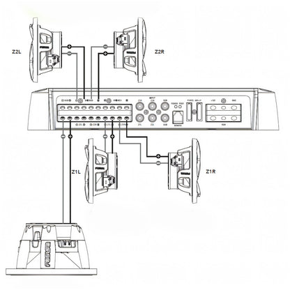 Schema di collegamento dell'amplificatore Fusion Apollo MS-AP61800 a diffusori e subwoofer