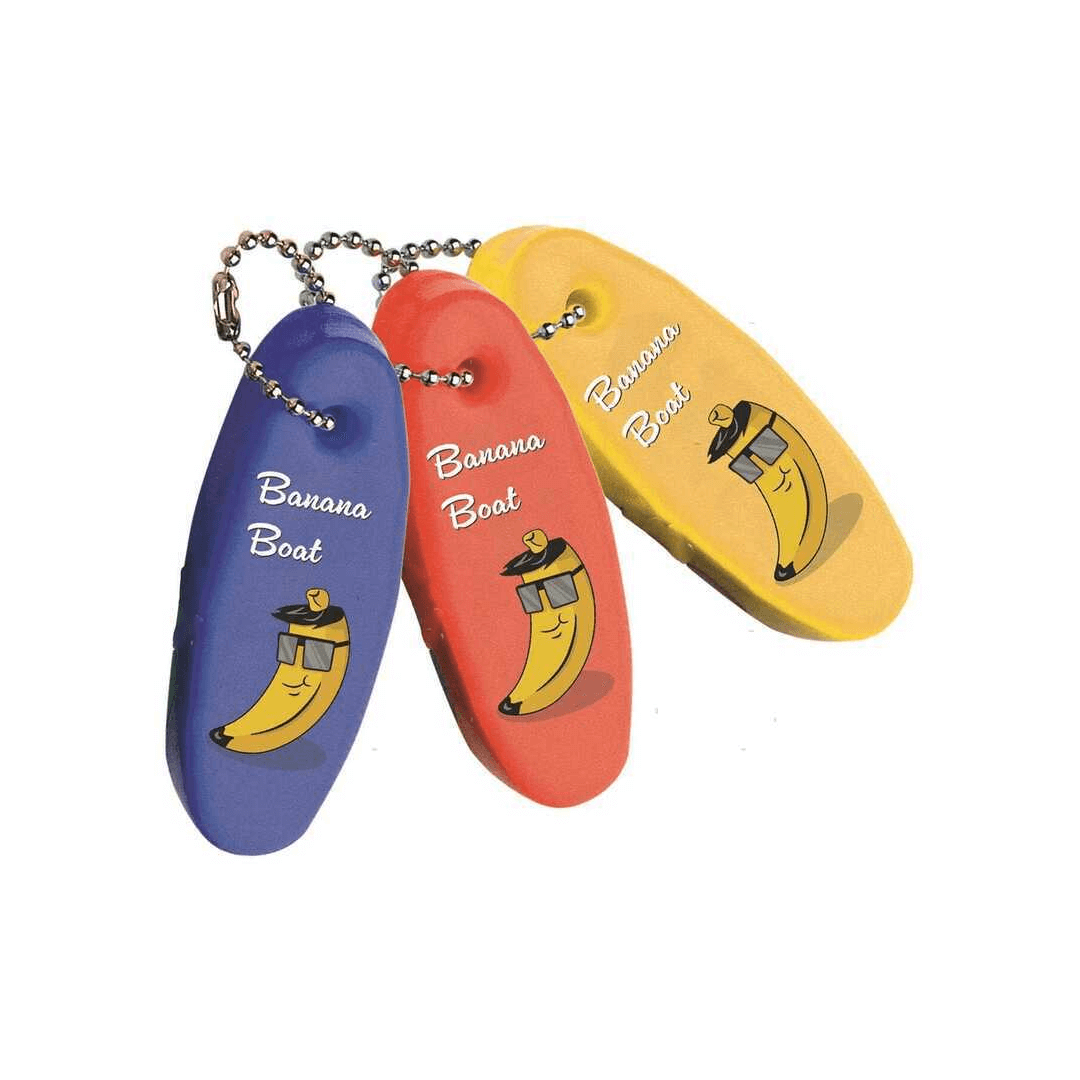 Portachiavi galleggiante ovale blu "Banana Boat" con catenella argentata, motivo banana cartoon con occhiali