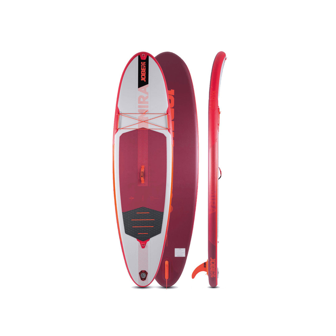 SUP gonfiabile JOBE Mira 10.0 rosso e grigio, vista frontale e laterale con pinna arancione