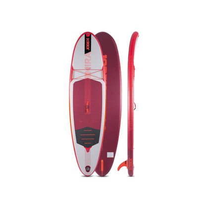 SUP gonfiabile JOBE Mira 10.0 rosso e grigio, vista frontale e laterale con pinna arancione
