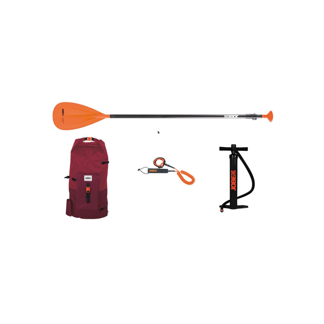 Kit SUP JOBE Mira 10.0: pagaia arancione, zaino bordeaux, guinzaglio e pompa nera