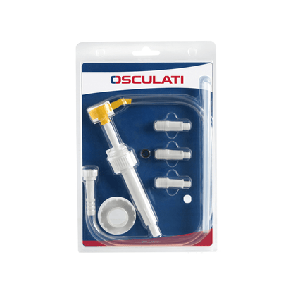 Kit pompa riempimento olio bianca con raccordi filettati, tubo flessibile e ugello giallo in confezione