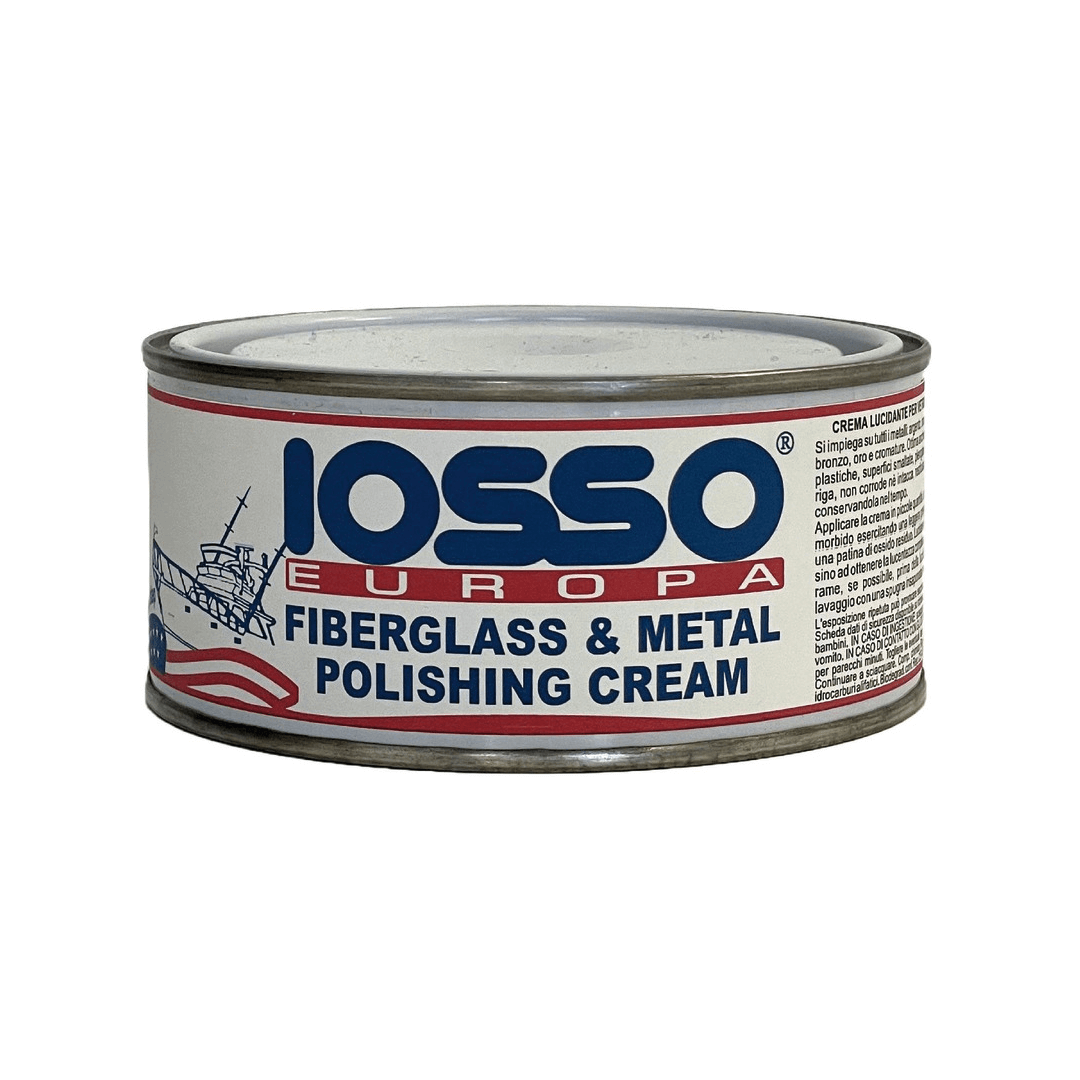 Barattolo metallico crema lucidante IOSSO Europa per vetroresina e metallo, etichetta bianca rossa e blu