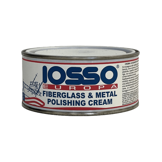 Barattolo metallico crema lucidante IOSSO Europa per vetroresina e metallo, etichetta bianca rossa e blu