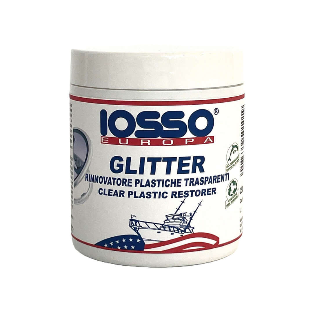 Barattolo bianco IOSSO Glitter rinnovatore plastiche trasparenti 250ml con grafica nautica