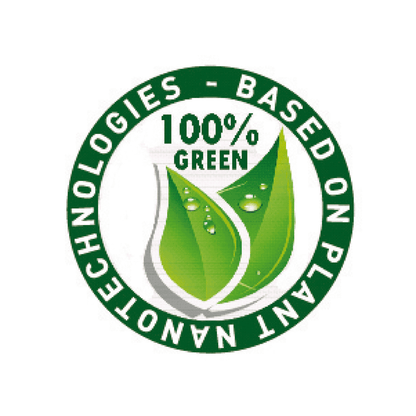 Certificazione 100% Green su tecnologie nanotecnologiche a base vegetale, logo verde con foglie