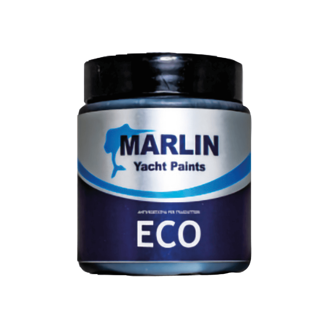 Barattolo antivegetativa Marlin Eco nero per trasduttori, confezione cilindrica con etichetta argento e blu
