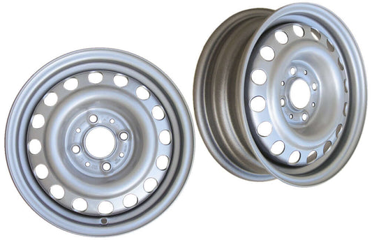 Cerchio ruota in acciaio silver 3,50X10" 145x10", viste frontale e laterale con fori alleggerimento