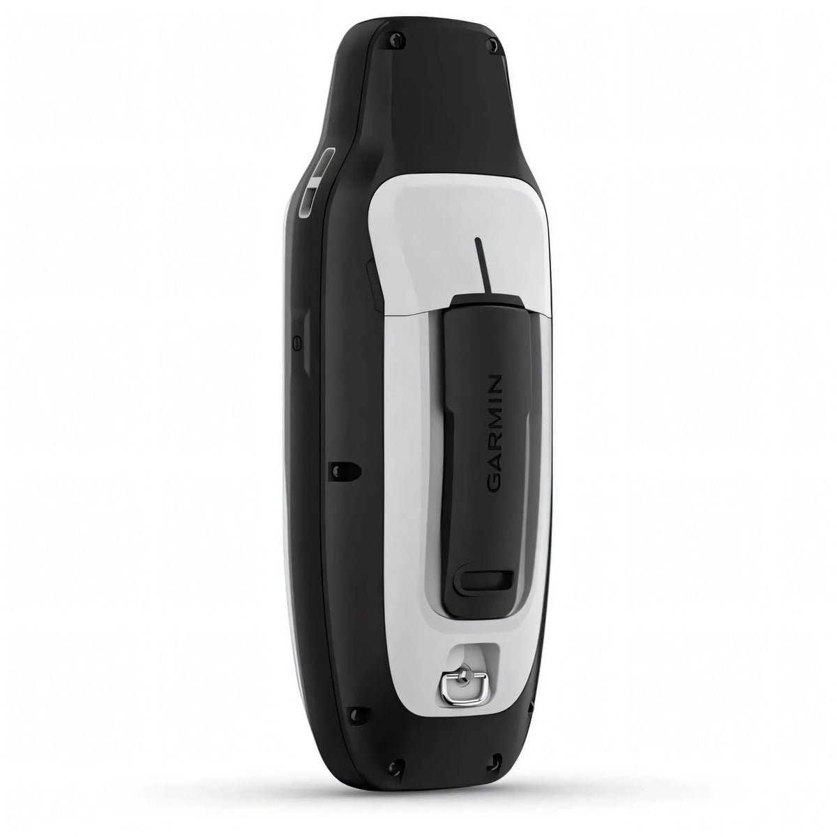Vista posteriore GPS portatile Garmin GPSMAP 79s nero e bianco con clip cintura e attacco laccio
