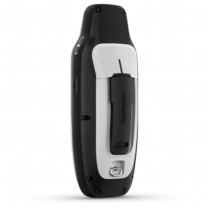 Vista posteriore GPS portatile Garmin GPSMAP 79s nero e bianco con clip cintura e attacco laccio