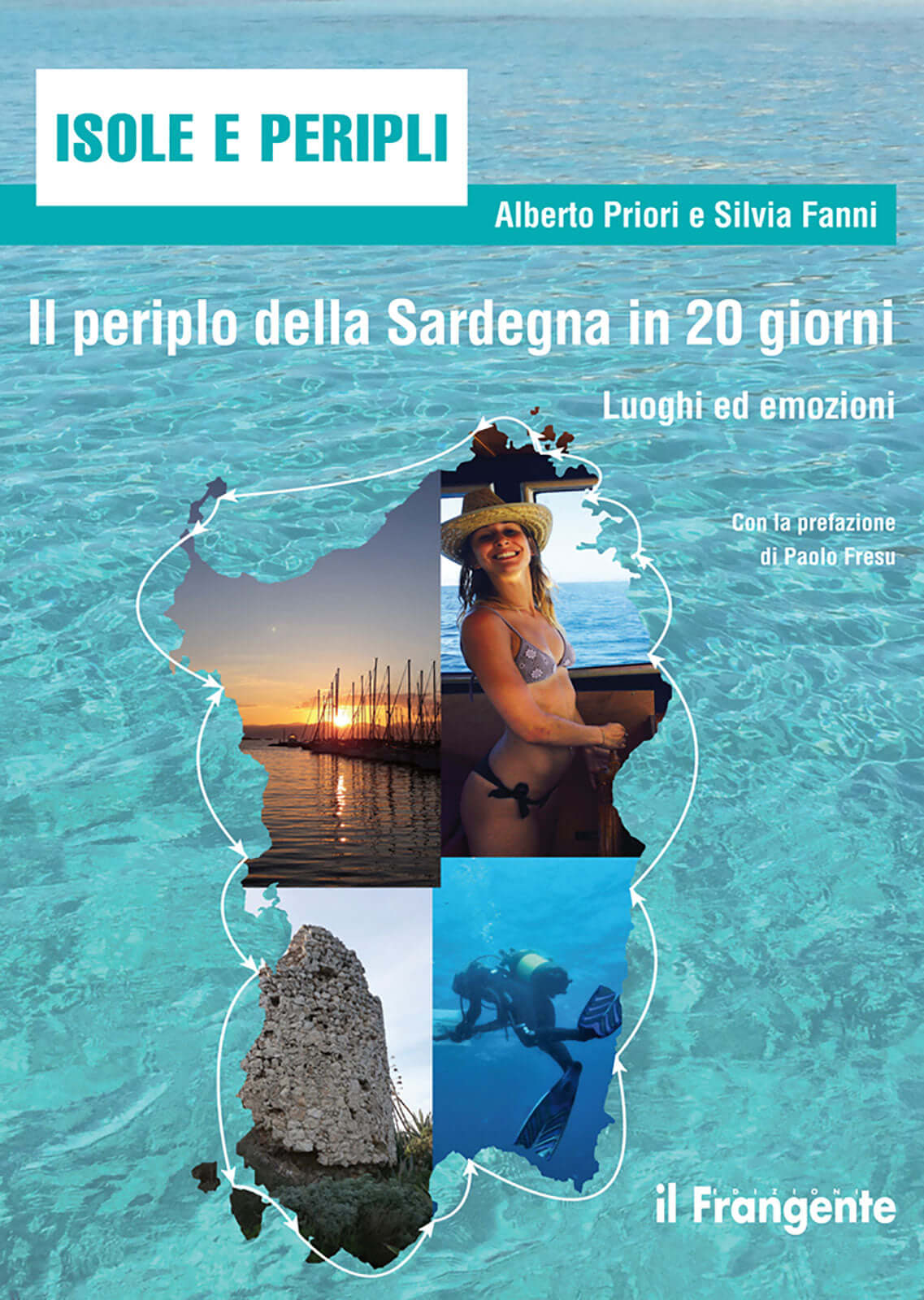 Copertina libro "Il Periplo della Sardegna in 20 giorni" con mappa, foto mare turchese e immersioni