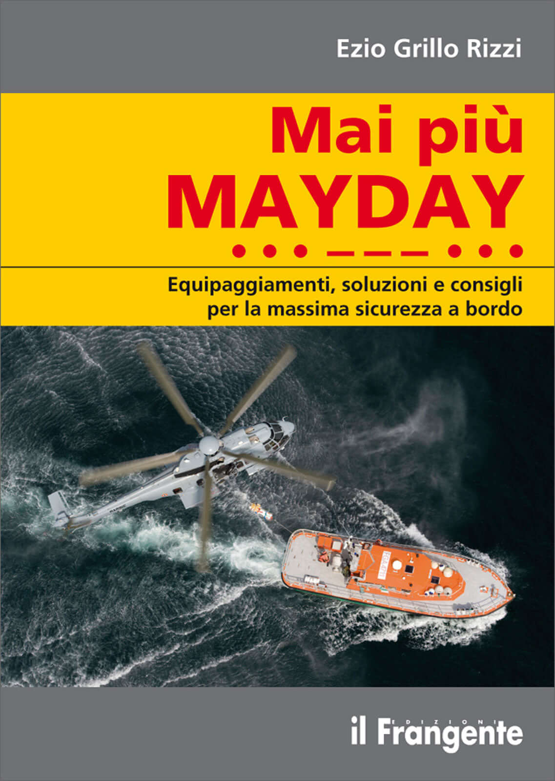 Copertina libro "Mai più MAYDAY" di Ezio Grillo Rizzi, con elicottero e scialuppa arancione in mare