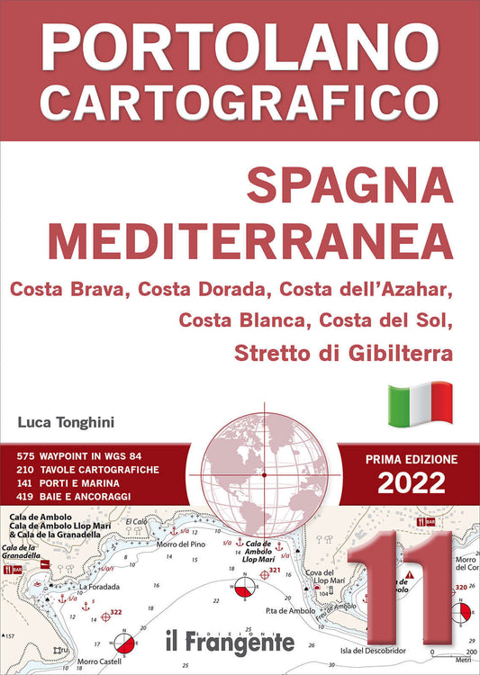 Copertina Portolano Cartografico Spagna Mediterranea ed. 2022, con mappa nautica, bandiera italiana e dati waypoint