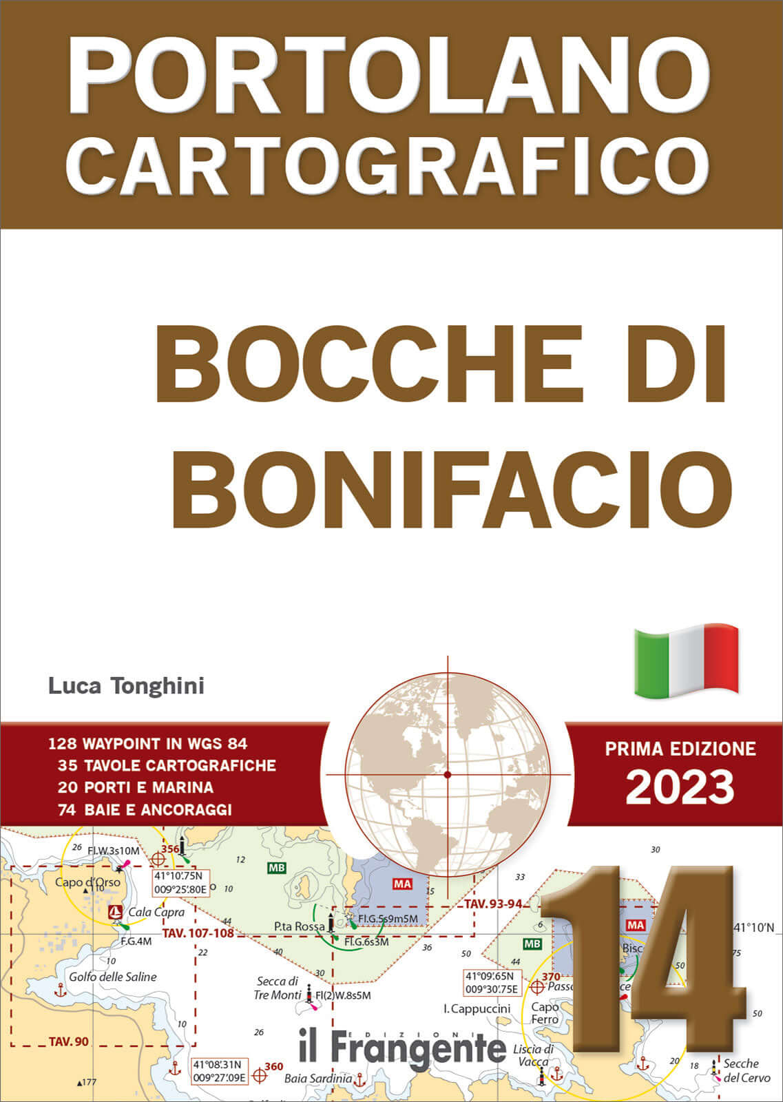Copertina Portolano Cartografico Bocche di Bonifacio n.14, prima edizione 2023, con mappa nautica e waypoint WGS84