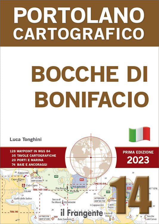 Copertina Portolano Cartografico Bocche di Bonifacio n.14, prima edizione 2023, con mappa nautica e waypoint WGS84