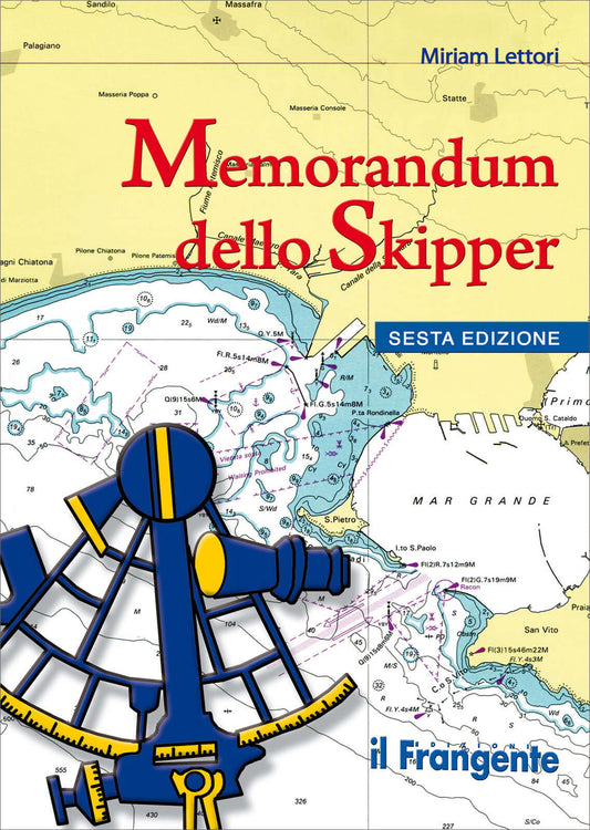 Copertina libro "Memorandum dello Skipper" 6ª edizione di Miriam Lettori con sestante blu e carta nautica