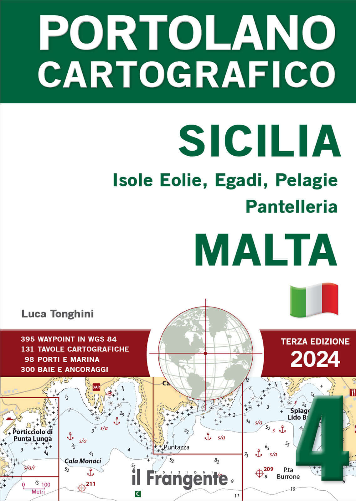 Copertina Portolano Cartografico Sicilia e Malta 2024 di Luca Tonghini, verde e bianco con mappa nautica