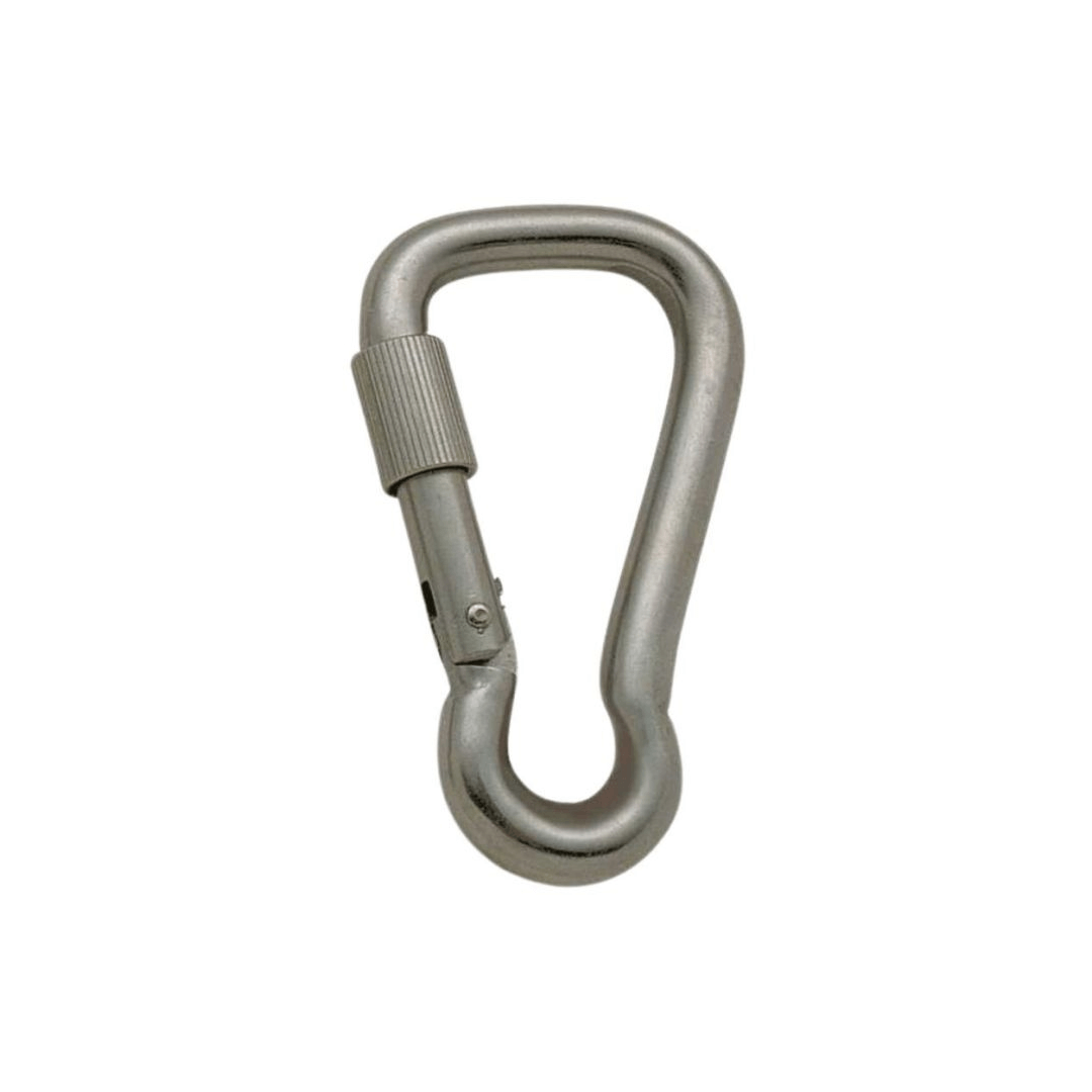 Moschettone inox AISI 316 con ghiera zigrinata, forma asimmetrica ad apertura larga, finitura satinata