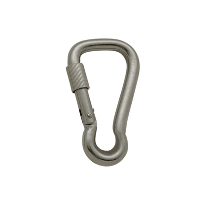 Moschettone inox AISI 316 con ghiera zigrinata, forma asimmetrica ad apertura larga, finitura satinata