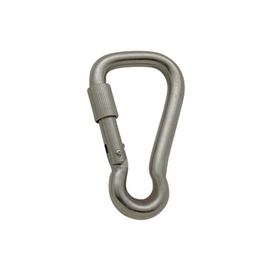 Moschettone inox AISI 316 con ghiera zigrinata, forma asimmetrica ad apertura larga, finitura satinata