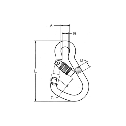 Scheda tecnica moschettone inox apertura larga con ghiera AISI 316 A4, dimensioni L, A, B, C, D