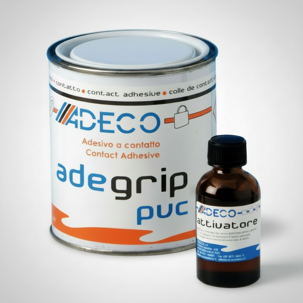 Adesivo bicomponente Adeco Adegrip PVC per gommoni: barattolo bianco con flacone attivatore marrone